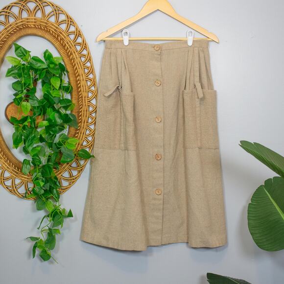 Vtg Robbie Sport Skirt Beige Button Front Large Pockets Textured Cottagecore - Picture 3 of 9